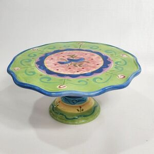 Certified International 10" Green Bird Ceramic Cake Stand Pedestal